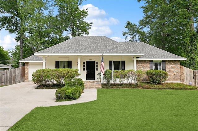 ranch-style home featuring a front lawn, a porch, fence, a garage, and a shingled roof