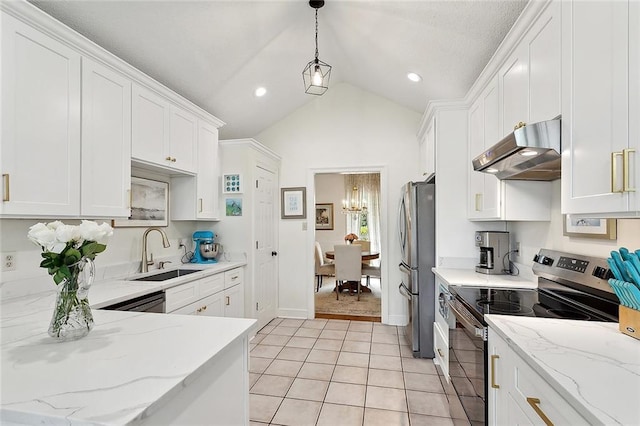 kitchen featuring under cabinet range hood, appliances with stainless steel finishes, a sink, and white cabinetry