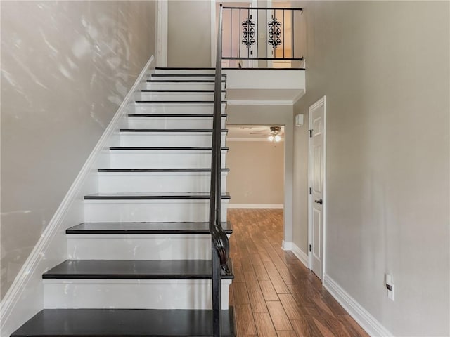 4612 Lorino St, Metairie, LA 70006 - stairs with wood finished floors, baseboards, ceiling fan, and crown molding