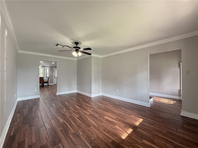 4612 Lorino St, Metairie, LA 70006 - unfurnished living room featuring dark wood-type flooring, a ceiling fan, baseboards, and ornamental molding