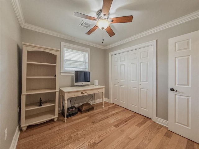 4612 Lorino St, Metairie, LA 70006 - office area featuring ceiling fan, light wood-type flooring, baseboards, and crown molding