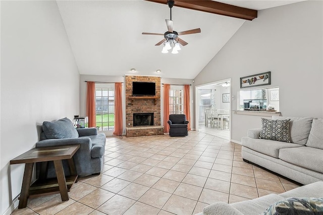 3754 Ashton Dr, Destrehan, LA 70047 - living area featuring a ceiling fan, light tile patterned floors, beam ceiling, a fireplace, and high vaulted ceiling