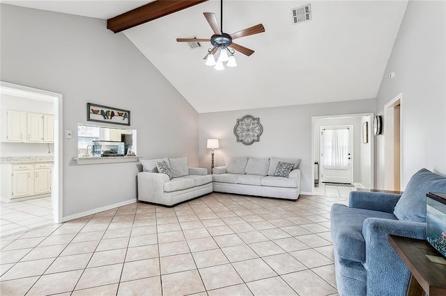3754 Ashton Dr, Destrehan, LA 70047 - living area with beam ceiling, visible vents, a ceiling fan, high vaulted ceiling, and light tile patterned floors