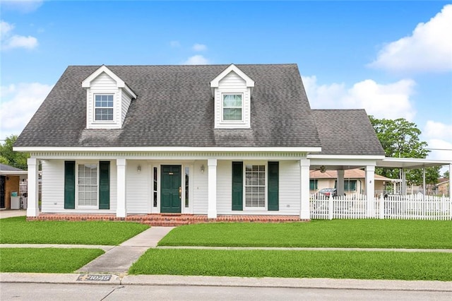 cape cod house with fence, a porch, a shingled roof, and a front yard