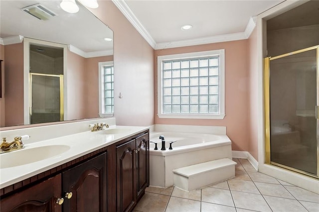 bathroom with visible vents, a sink, ornamental molding, and a stall shower
