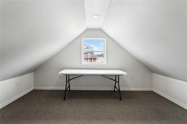 additional living space featuring baseboards, vaulted ceiling, carpet flooring, and a textured ceiling