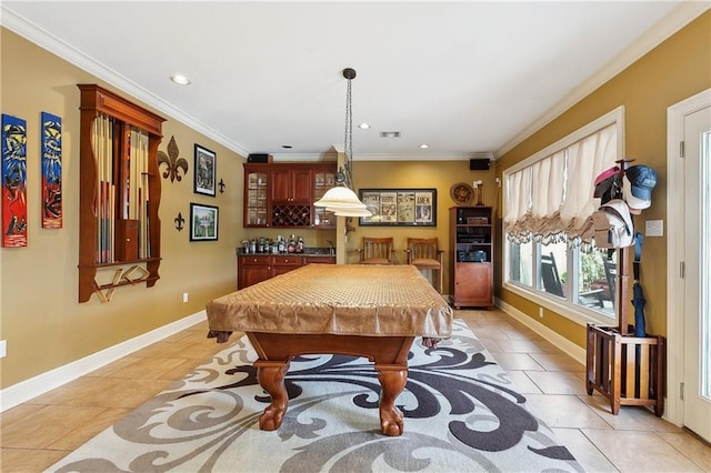 rec room with ornamental molding, billiards, and baseboards
