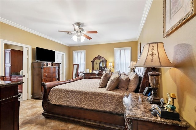 bedroom featuring ornamental molding, a ceiling fan, and multiple windows