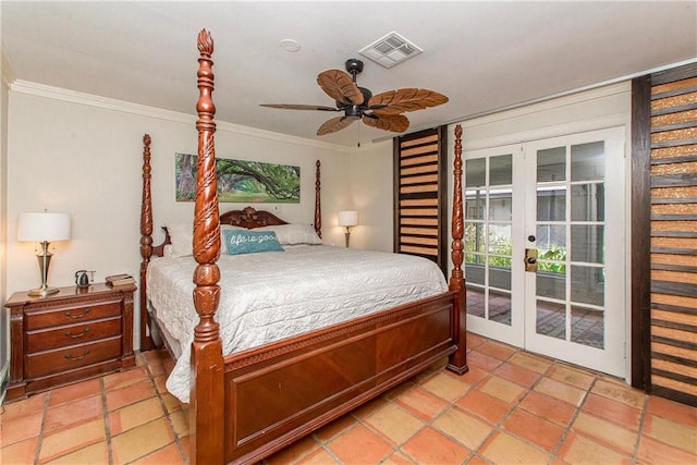 bedroom with access to exterior, ceiling fan, ornamental molding, visible vents, and french doors