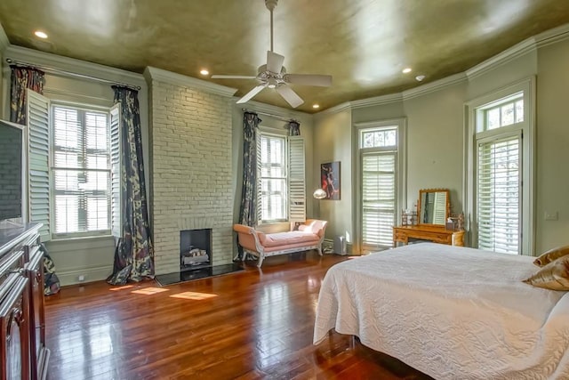 1711 Palmer Ave, New Orleans, LA 70118 - bedroom with ornamental molding, hardwood / wood-style flooring, recessed lighting, baseboards, and a fireplace