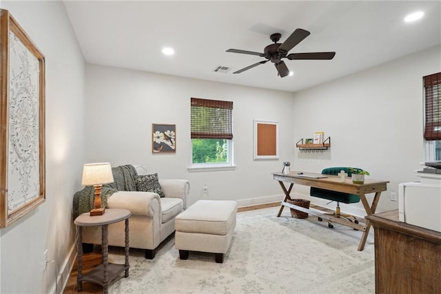 home office featuring recessed lighting, visible vents, ceiling fan, and baseboards