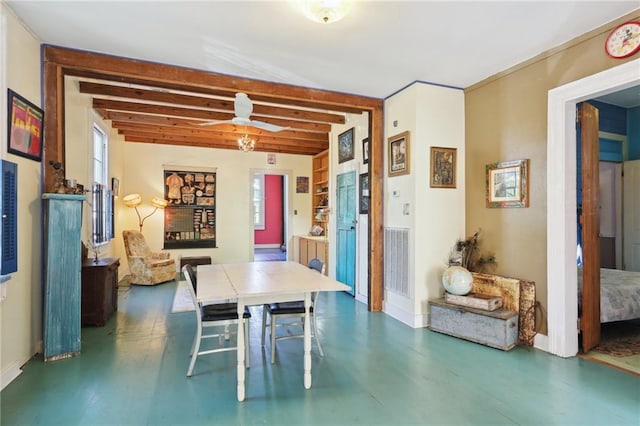 dining room featuring beamed ceiling, ceiling fan, visible vents, baseboards, and wood finished floors