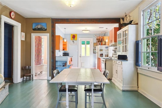 kitchen with decorative light fixtures, a wealth of natural light, and under cabinet range hood
