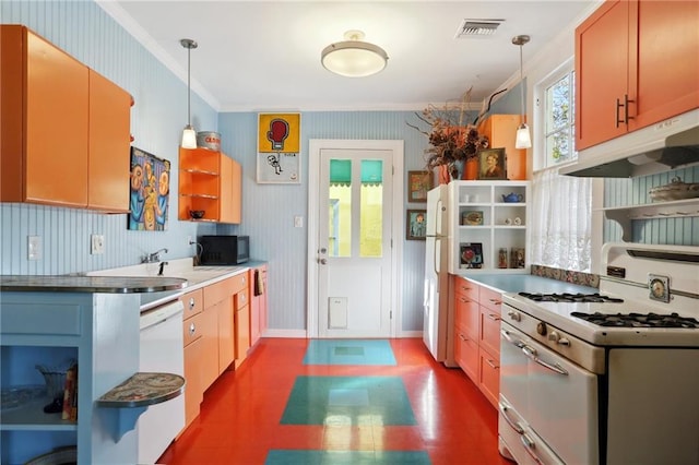 kitchen with white appliances, open shelves, under cabinet range hood, visible vents, and crown molding