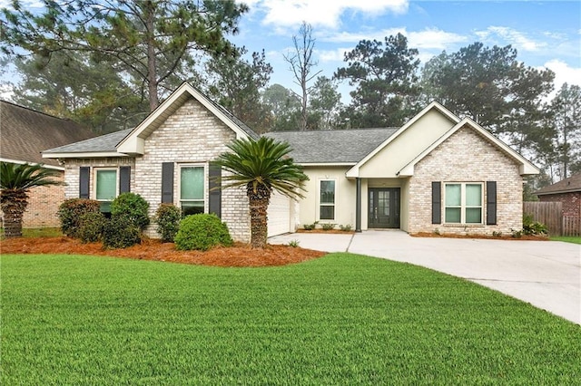 view of front of house featuring a garage, a shingled roof, driveway, and a front lawn