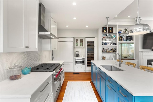 5934 Chestnut St, New Orleans, LA 70118 - kitchen with a sink, stainless steel appliances, white cabinetry, blue cabinets, and wood finished floors