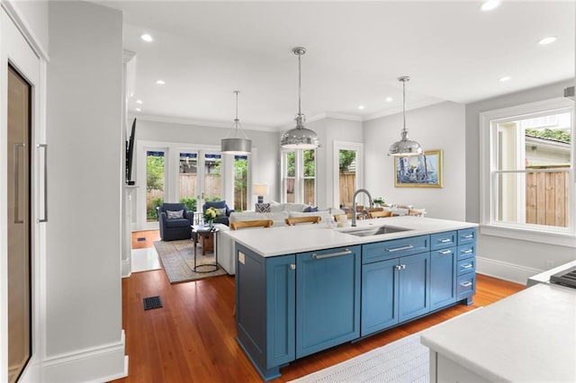 5934 Chestnut St, New Orleans, LA 70118 - kitchen with a wealth of natural light, blue cabinetry, dark wood finished floors, and a sink