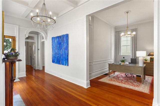 5934 Chestnut St, New Orleans, LA 70118 - hallway with beam ceiling, a chandelier, ornamental molding, arched walkways, and hardwood / wood-style flooring