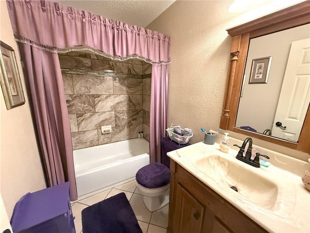 2053 Saulet Pl, Harvey, LA 70058 - bathroom with vanity, shower / tub combo with curtain, tile patterned floors, a textured ceiling, and a textured wall