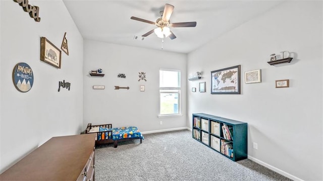 5520 Wake Reserve Rd, Slidell, LA 70461 - playroom featuring carpet floors, ceiling fan, visible vents, and baseboards