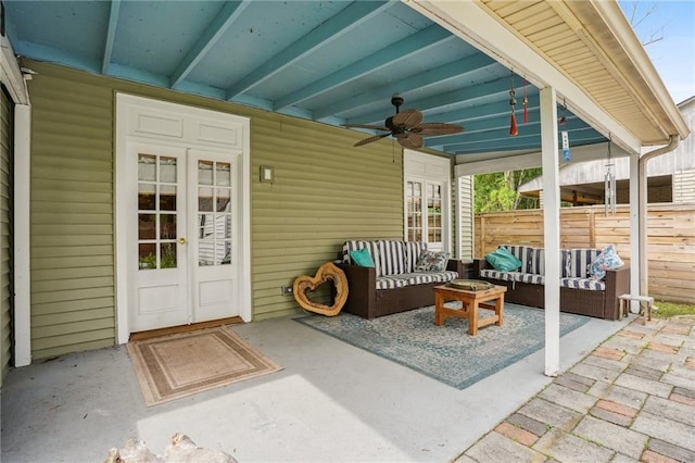 622 Pennsylvania Ave, Slidell, LA 70458 - view of patio featuring fence, french doors, a ceiling fan, and an outdoor hangout area