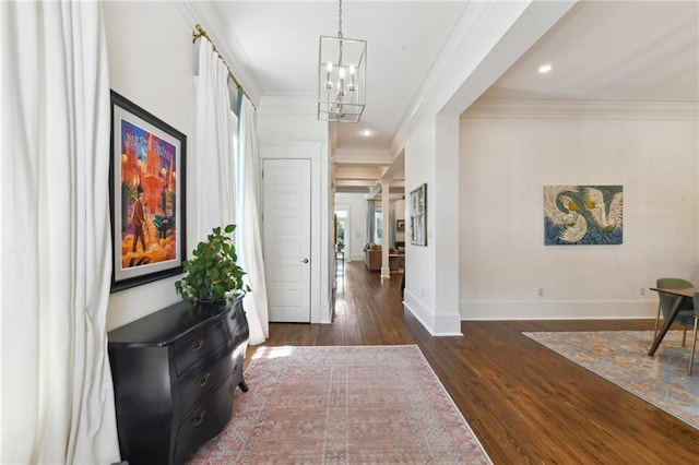 616 Cadiz St, New Orleans, LA 70115 - hall with recessed lighting, a notable chandelier, crown molding, baseboards, and wood finished floors