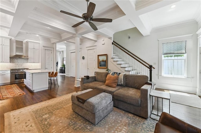 616 Cadiz St, New Orleans, LA 70115 - living area featuring dark wood finished floors, coffered ceiling, ornamental molding, beam ceiling, and a ceiling fan