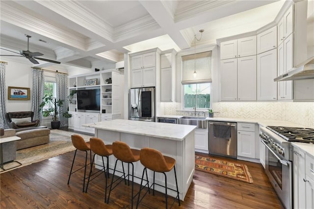 616 Cadiz St, New Orleans, LA 70115 - kitchen with appliances with stainless steel finishes, open floor plan, coffered ceiling, and a sink