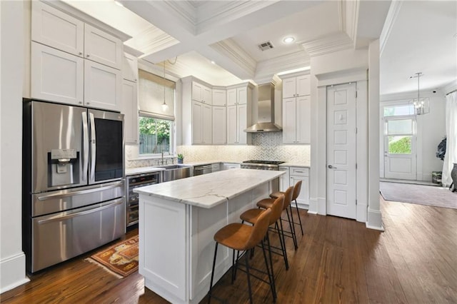 616 Cadiz St, New Orleans, LA 70115 - kitchen with beverage cooler, wall chimney exhaust hood, stainless steel fridge with ice dispenser, and dark wood-type flooring