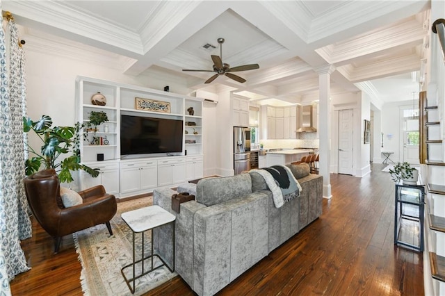 616 Cadiz St, New Orleans, LA 70115 - living room with crown molding, ceiling fan, coffered ceiling, dark wood-style floors, and beam ceiling
