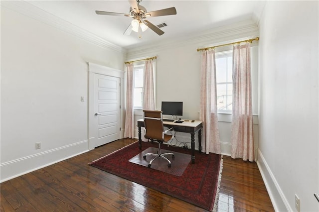 616 Cadiz St, New Orleans, LA 70115 - home office with visible vents, a ceiling fan, baseboards, and wood-type flooring