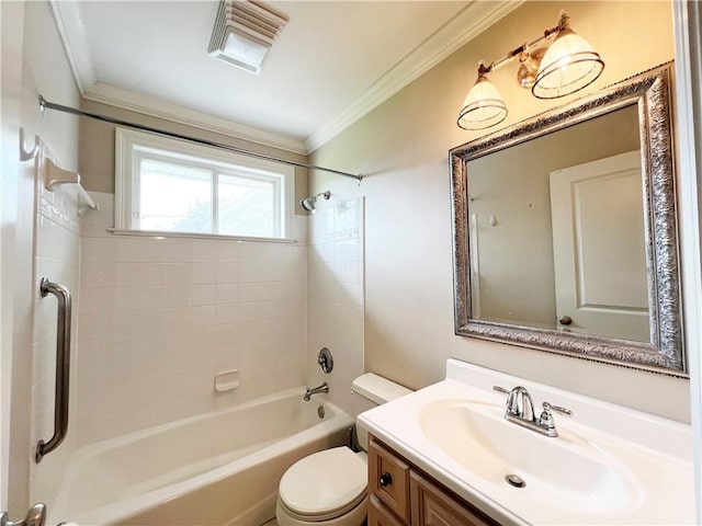 full bath featuring visible vents, toilet, ornamental molding, vanity, and bathtub / shower combination