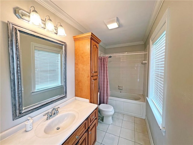 full bath with crown molding, toilet, shower / bath combination with curtain, tile patterned floors, and vanity