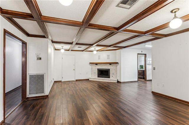 194 Sedgefield Dr, Harahan, LA 70123 - unfurnished living room with coffered ceiling, dark wood finished floors, baseboards, beamed ceiling, and a fireplace with raised hearth