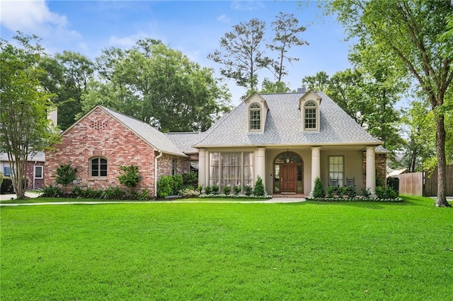 454 Rutherford Dr, Covington, LA 70433 - view of front of house with a chimney, brick siding, fence, and a front yard