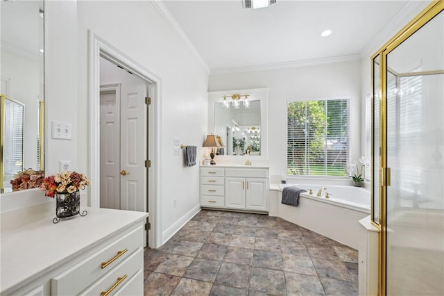 454 Rutherford Dr, Covington, LA 70433 - bathroom with stone finish floor, ornamental molding, a bath, vanity, and baseboards