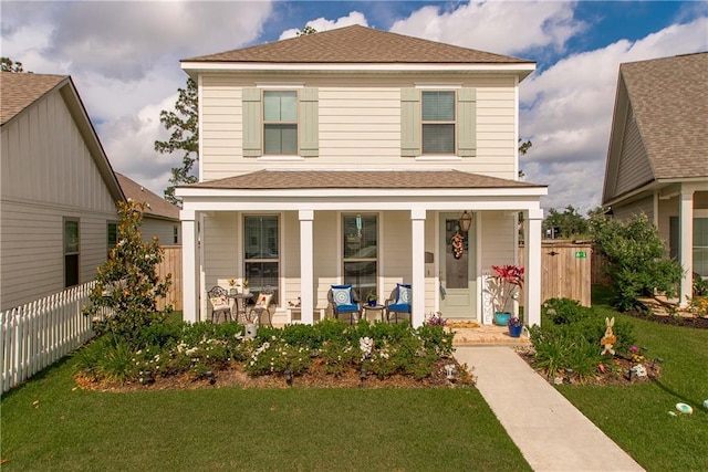 2329 Bradbury Pl, Covington, LA 70433 - view of front of property with a shingled roof, a front lawn, fence, and covered porch