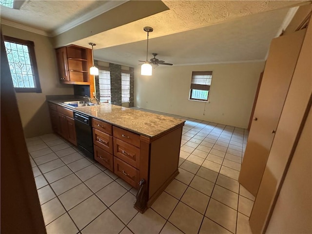 kitchen with a peninsula, open shelves, dishwasher, a textured ceiling, and light tile patterned flooring