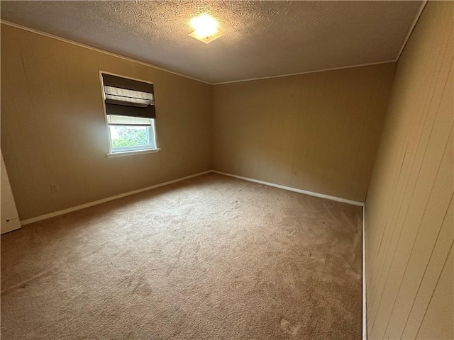 unfurnished room with wooden walls, a textured ceiling, and carpet