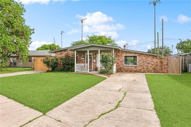 view of front of home with brick siding, a porch, fence, and a front lawn