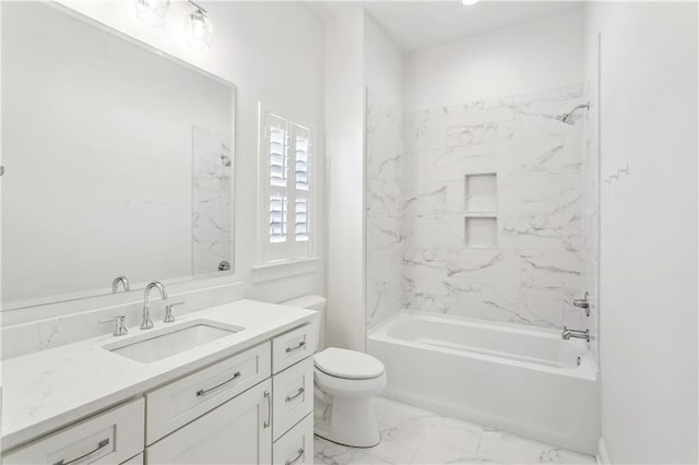 full bathroom featuring toilet, shower / bath combination, vanity, and marble finish floor