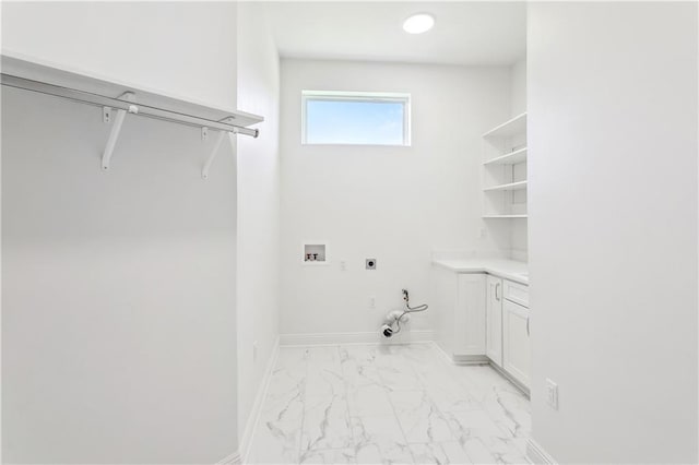 washroom featuring hookup for a washing machine, hookup for an electric dryer, marble finish floor, gas dryer hookup, and baseboards