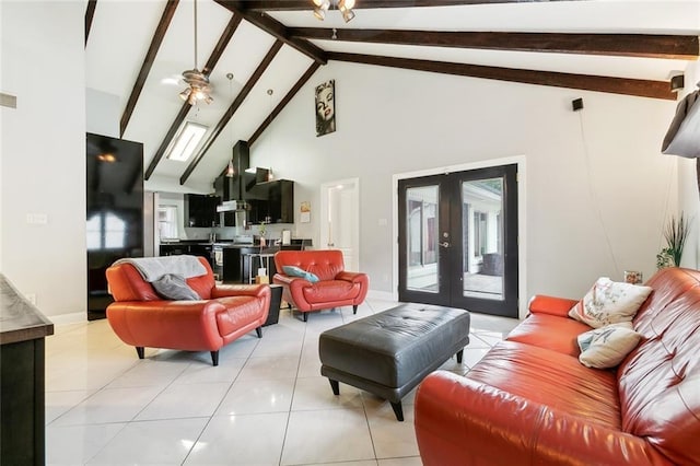living room with beamed ceiling, baseboards, light tile patterned flooring, french doors, and high vaulted ceiling