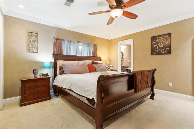 bedroom with ornamental molding, visible vents, light colored carpet, and baseboards