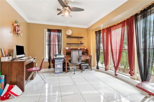 tiled office space featuring crown molding and ceiling fan