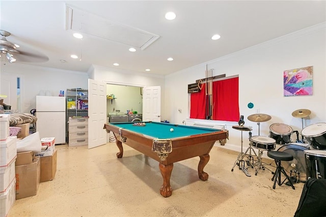 game room with recessed lighting, pool table, attic access, ornamental molding, and a ceiling fan