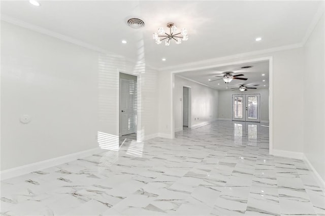 745 Oaklawn Dr, Metairie, LA 70005 - empty room with ornamental molding, recessed lighting, baseboards, a chandelier, and french doors