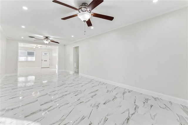 745 Oaklawn Dr, Metairie, LA 70005 - empty room featuring recessed lighting, ceiling fan, baseboards, and light marble finish floors