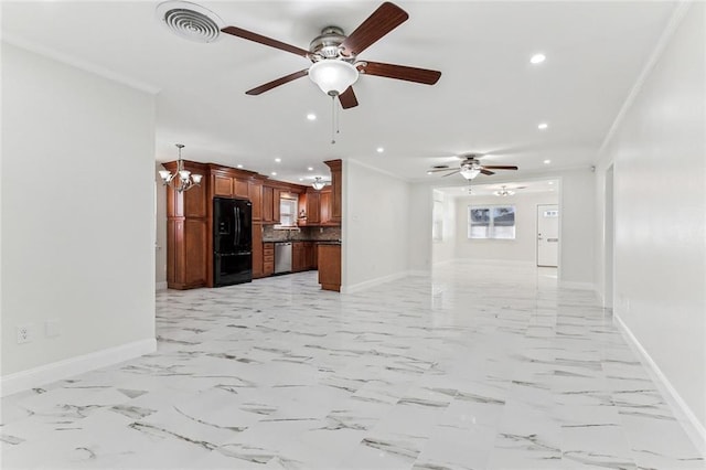 745 Oaklawn Dr, Metairie, LA 70005 - unfurnished living room with a ceiling fan, recessed lighting, baseboards, ornamental molding, and light marble finish flooring