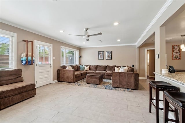 535 Amethyst St, New Orleans, LA 70124 - living area featuring recessed lighting, ornamental molding, baseboards, and a ceiling fan